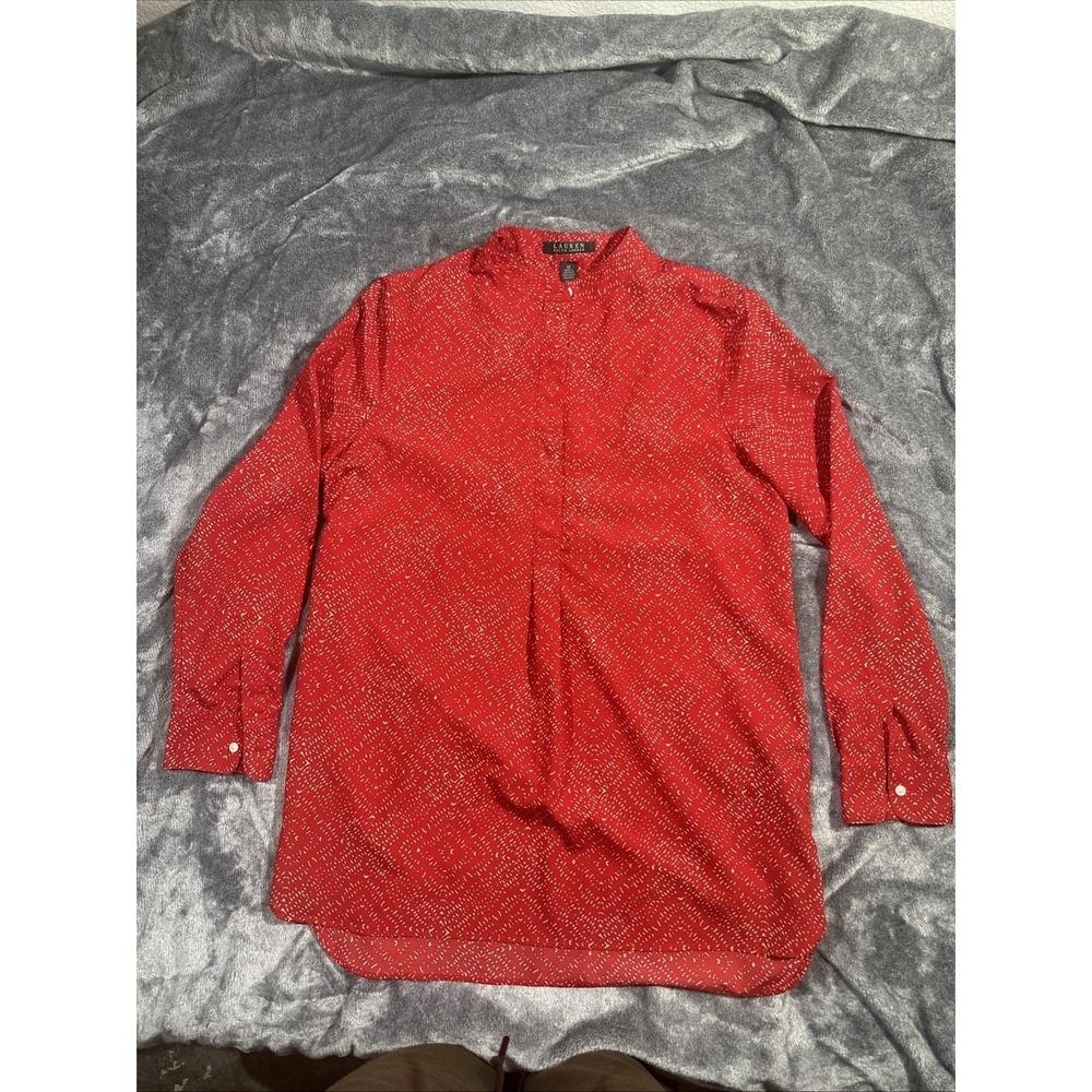 Lauren Ralph Lauren Womens M Red Geometric Tunic Half Button Down Blouse Office